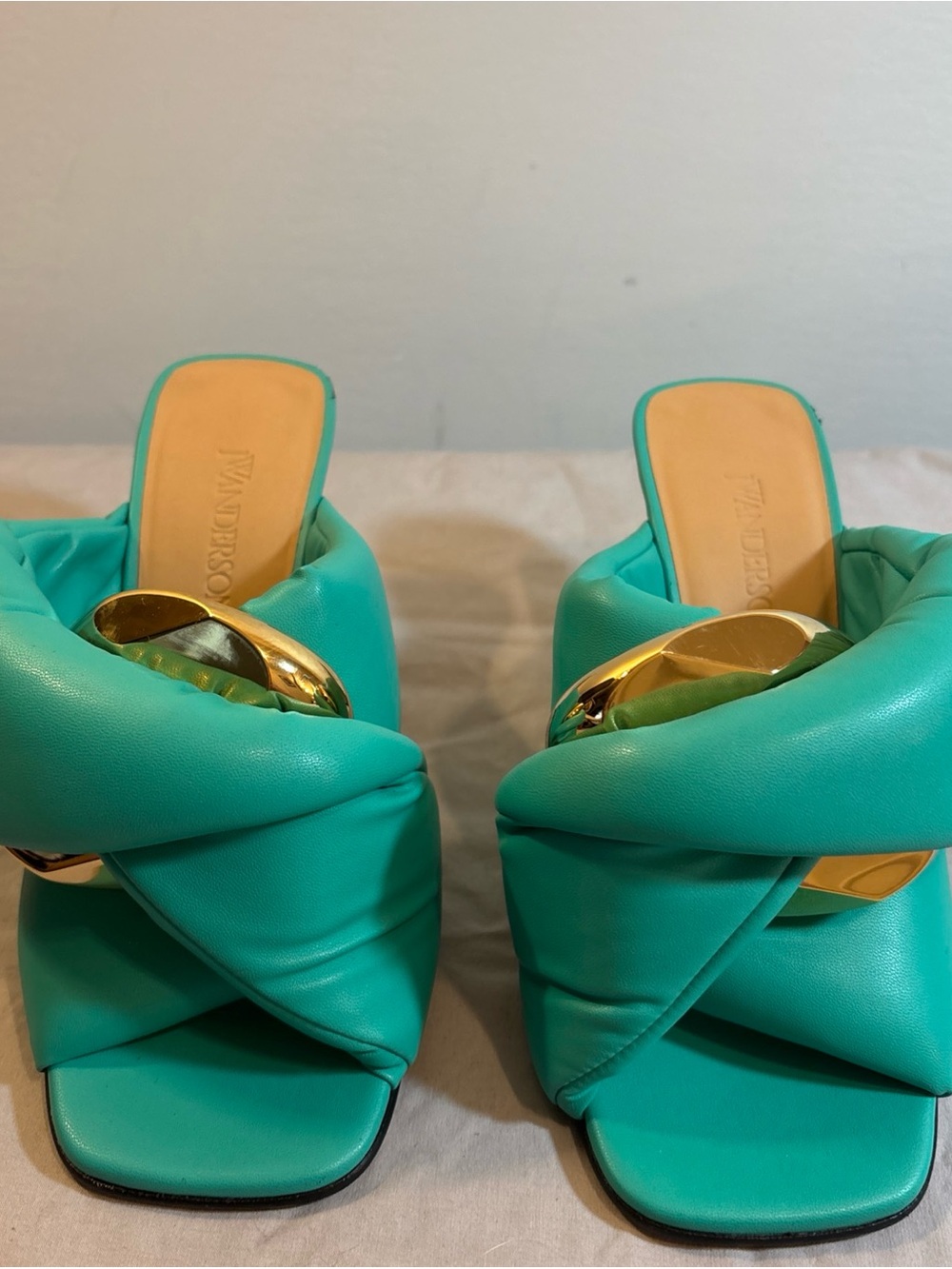 Turquoise Quilted Slide Heels with Gold Accent - Picture 4 of 13